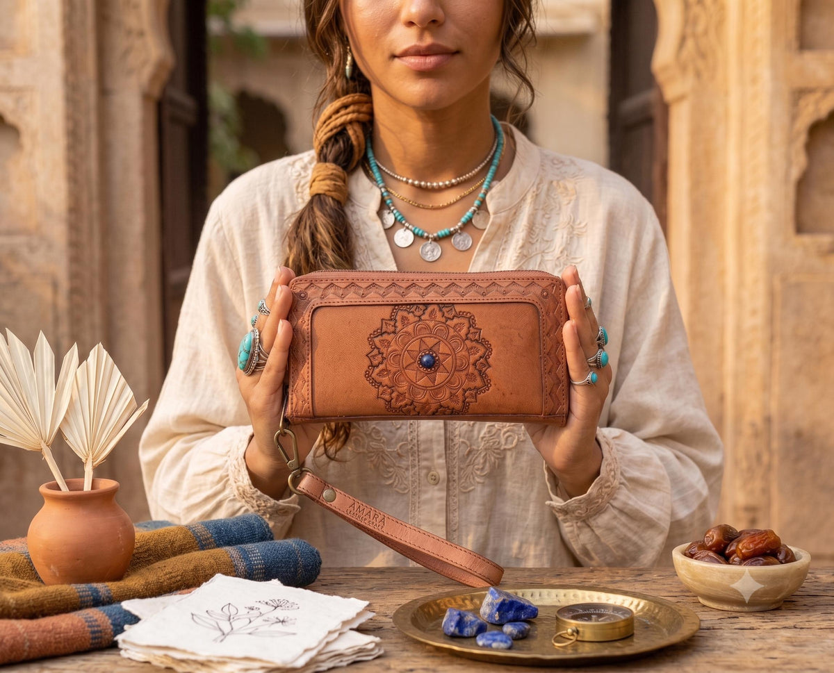 Hand Tooled Leather Wallet: Mandala Design, Lapis Lazuli Stone & Wrist Strap