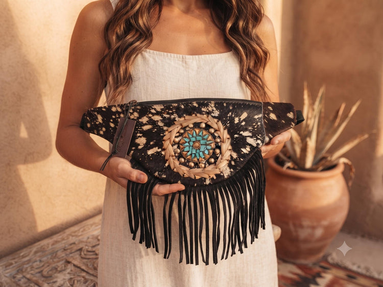 Cowhide Leather Bum Bag, Western Fanny Pack for Women, Boho Festival Belt Bag, Turquoise Leather Waist Bag, Cowgirl Crossbody Bag