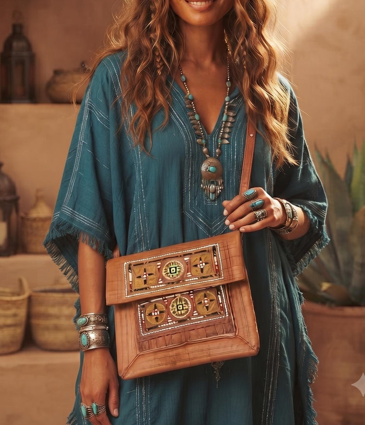 Vintage Moroccan Berber Leather Bag, Handmade Boho Crossbody Purse, Tribal Embroidered Hippie Satchel, Authentic Berber Shoulder Bag