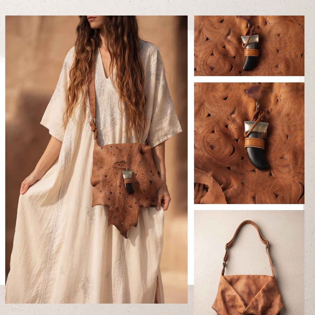 Moroccan Leather Crossbody Bag, Handmade Boho Leather Purse, Tribal Horn Buckle Satchel, Festival Shoulder Bag, Artisan Leather Handbag