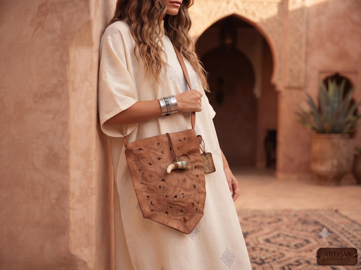 Moroccan Leather Crossbody Bag, Handmade Boho Leather Purse, Tribal Horn Buckle Satchel, Festival Shoulder Bag, Artisan Leather Handbag