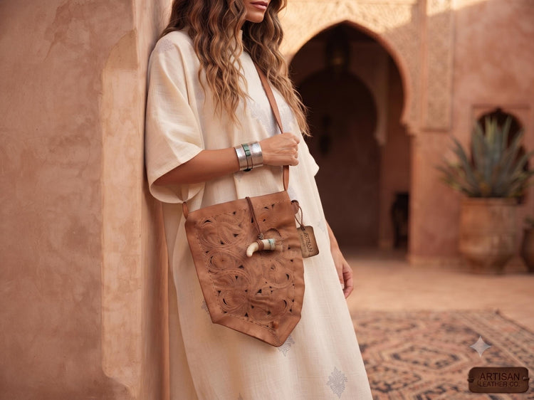 Moroccan Leather Crossbody Bag, Handmade Boho Leather Purse, Tribal Horn Buckle Satchel, Festival Shoulder Bag, Artisan Leather Handbag