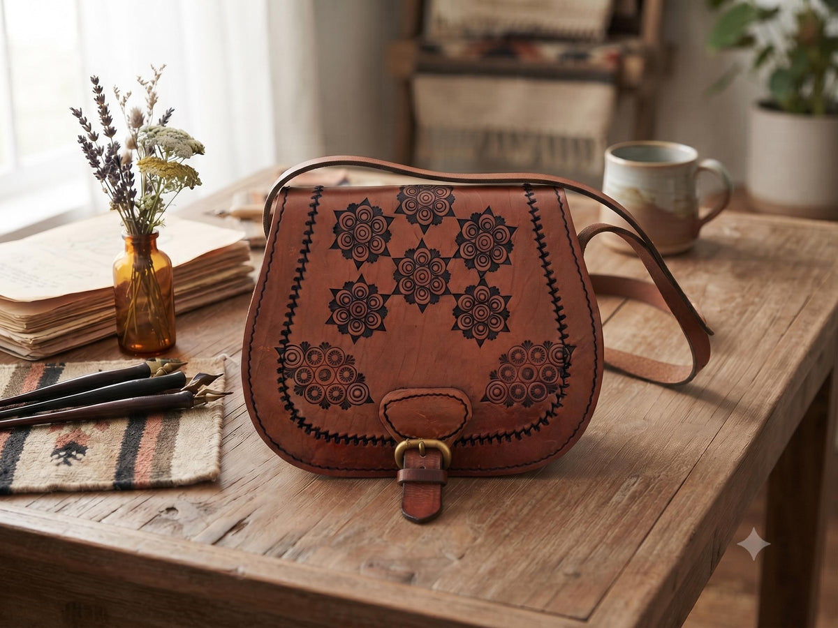 Unique 70s style tooled leather bag - hand-embossed boho shoulder purse - women festival bag