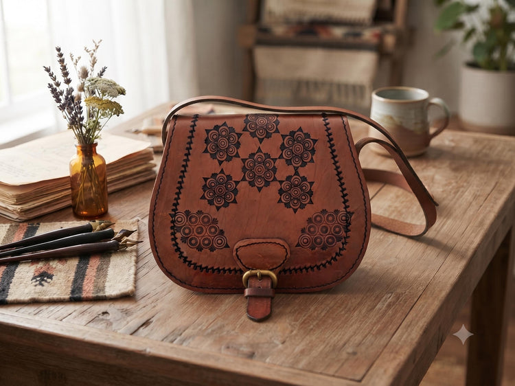 Unique 70s style tooled leather bag - hand-embossed boho shoulder purse - women festival bag