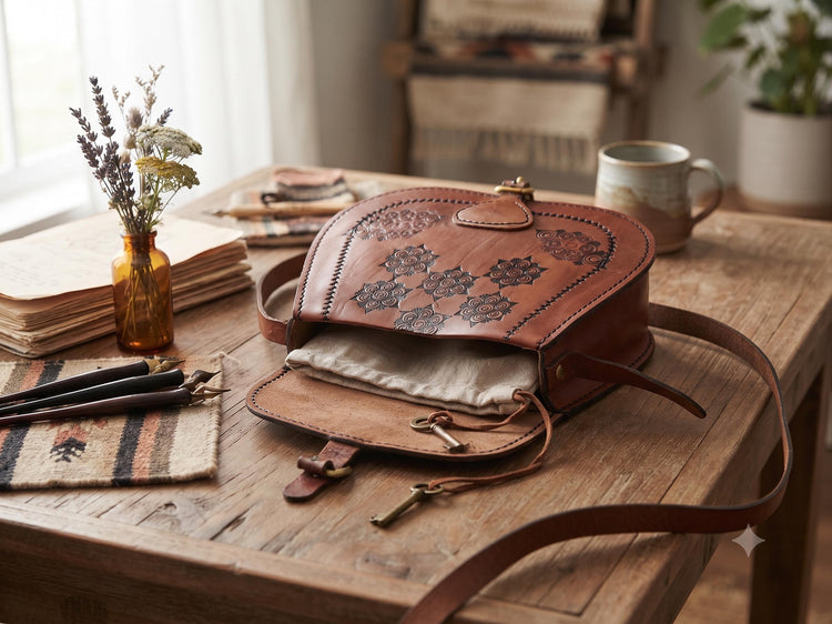 Unique 70s style tooled leather bag - hand-embossed boho shoulder purse - women festival bag
