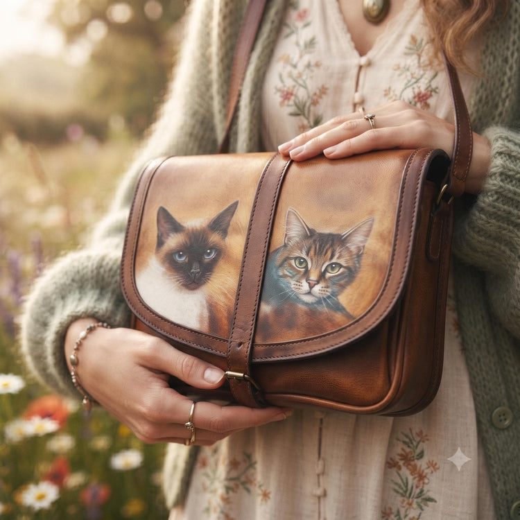 Vintage Cat Leather Bag, Hand Painted Siamese Cat Purse, Tooled Leather Shoulder Bag, Boho Hippie Handbag, Cat Lover Gift