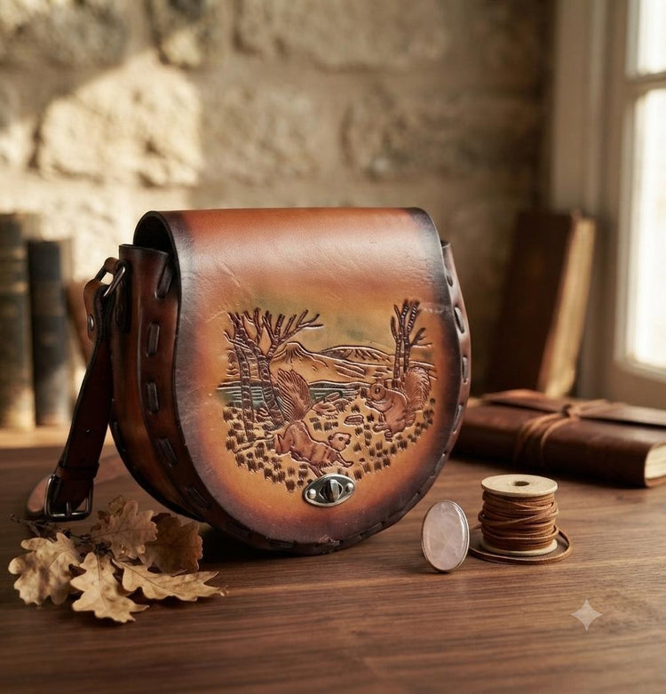 Vintage Tooled Leather Squirrel Bag, Cottagecore Forest Purse, Woodland Shoulder Bag, Boho Hippie Handbag, Nature Lover Gift