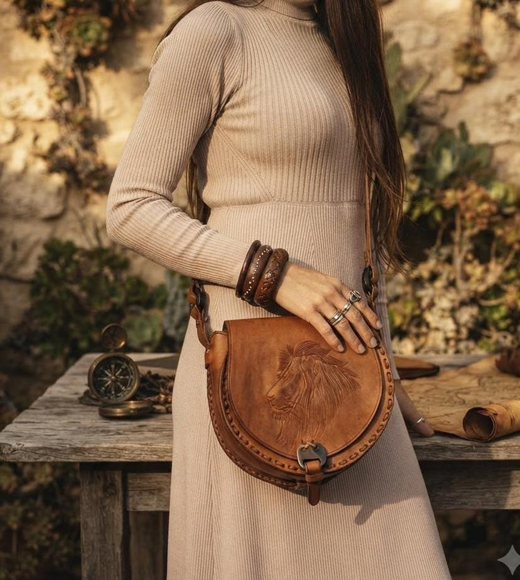 Vintage Lion Leather Bag, Hand Tooled Safari Crossbody Purse, African Western Shoulder Bag, Boho Leather Handbag, Lion Lover Gift
