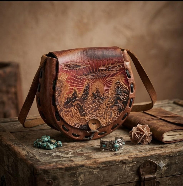 Tooled Leather Bag, Cottagecore Forest Purse, Mountain Landscape Saddle Bag, Nature Lover Gift, Boho Leather Crossbody Bag