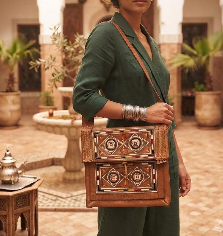 Vintage Moroccan Leather Bag, Tribal Embroidered Purse, North African Shoulder Bag, Boho Crossbody Bag, Handmade Leather Hippie Bag