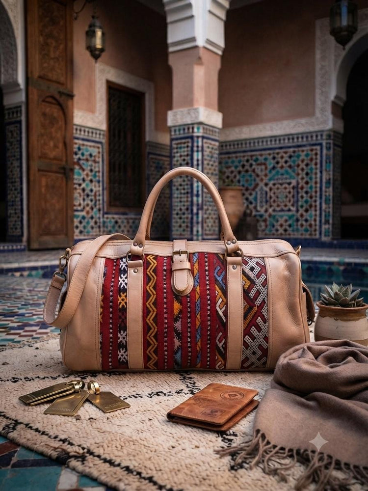Moroccan Kilim Carpet Leather Travel Bag, Boho Weekender, Aztec Navajo Holdall, Hippie Overnight Bag, Shoulder Duffle, Festival Bag