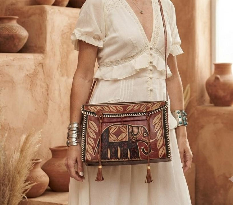 Unique African Elephant Leather Bag | Tooled Tribal Purse | Ethnic Crossbody Tote | Boho Safari Handbag | Vintage Leather Satchel