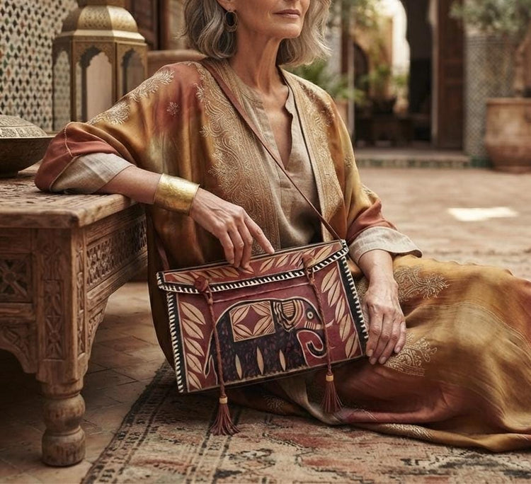 Unique African Elephant Leather Bag | Tooled Tribal Purse | Ethnic Crossbody Tote | Boho Safari Handbag | Vintage Leather Satchel