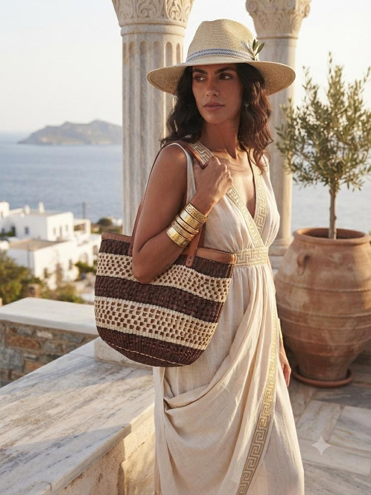 Large Woven Sisal Bucket Bag | African Leather Shopper | Boho Hippie Market Bag | Kenya Basket | Summer Beach Tote | Ethnic Handbag