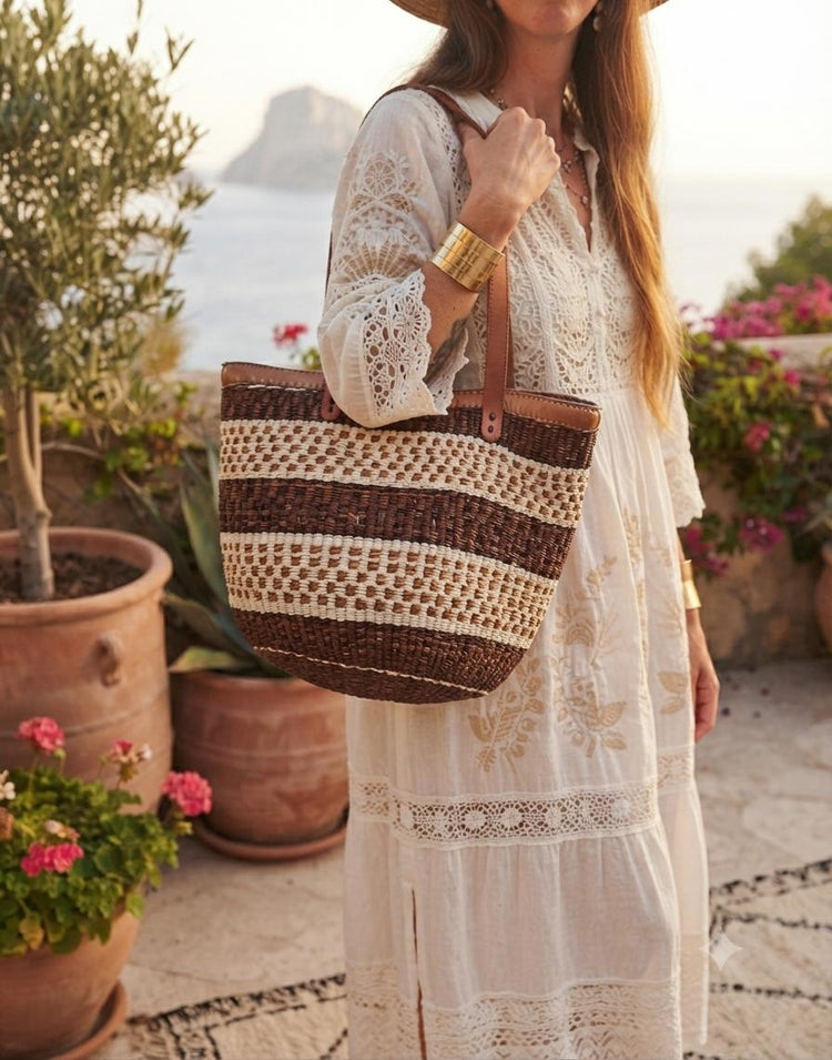 Large Woven Sisal Bucket Bag | African Leather Shopper | Boho Hippie Market Bag | Kenya Basket | Summer Beach Tote | Ethnic Handbag