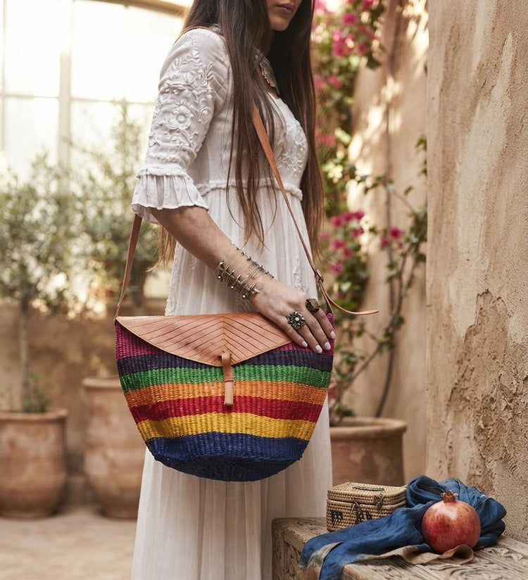 Rainbow Sisal Bucket Bag | Large Boho Beach Tote | Leather Crossbody Bag | 70s Hippie Purse | Woven Straw Festival Handbag | Summer Shopper