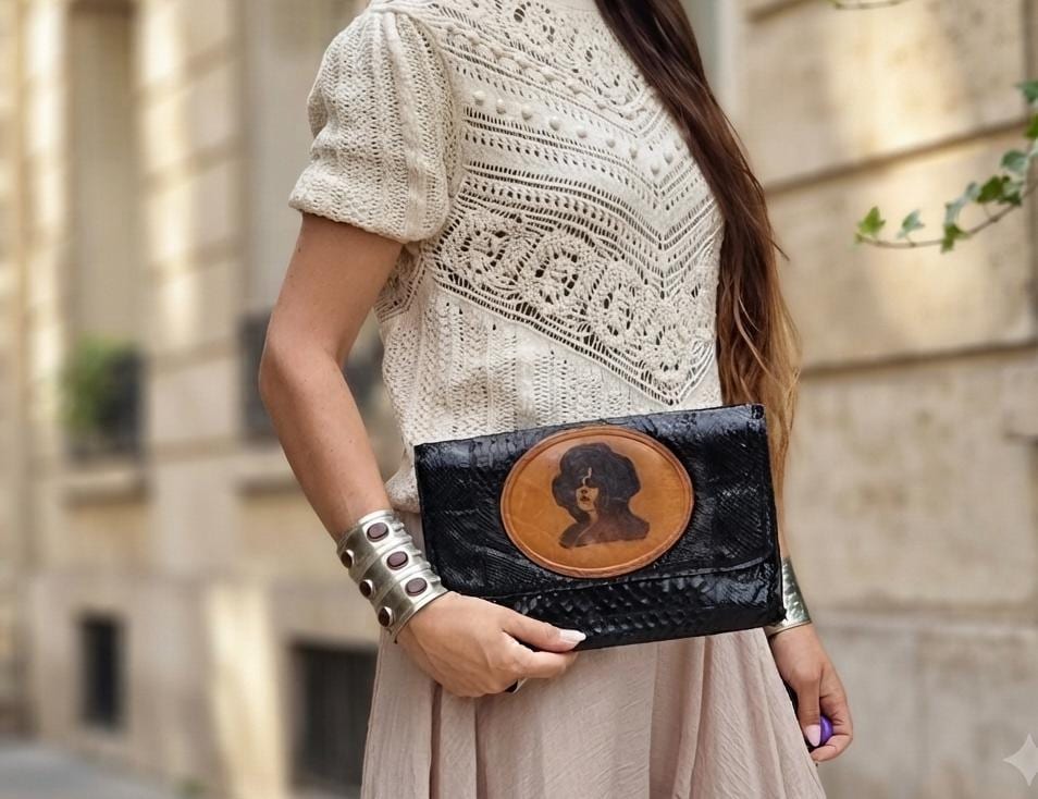 Art Nouveau Snake Leather Clutch Bag | Vintage Victorian Lady Hand Painted Purse | Gothic Boho Evening Bag | Unique Handmade Leather Bag