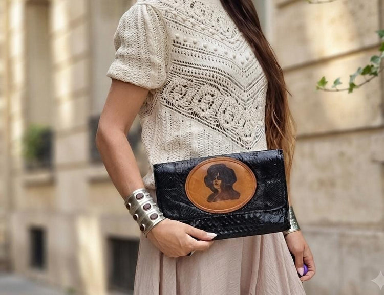 Art Nouveau Snake Leather Clutch Bag | Vintage Victorian Lady Hand Painted Purse | Gothic Boho Evening Bag | Unique Handmade Leather Bag