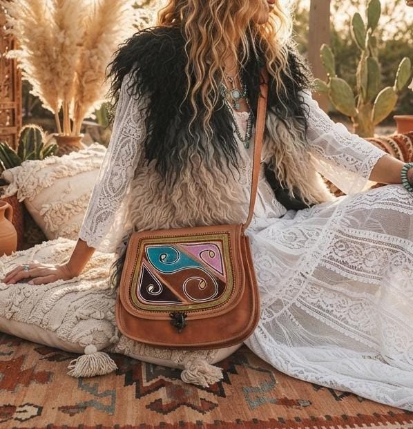 Boho Embroidered Leather Bag, Handmade Crossbody Saddle Bag, Festival Hippie Purse, Vintage Leather Shoulder Tote, Folk Embroidery Handbag