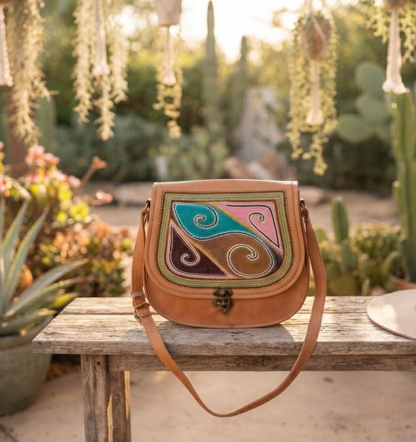 Boho Embroidered Leather Bag, Handmade Crossbody Saddle Bag, Festival Hippie Purse, Vintage Leather Shoulder Tote, Folk Embroidery Handbag