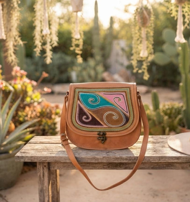 Boho Embroidered Leather Bag, Handmade Crossbody Saddle Bag, Festival Hippie Purse, Vintage Leather Shoulder Tote, Folk Embroidery Handbag