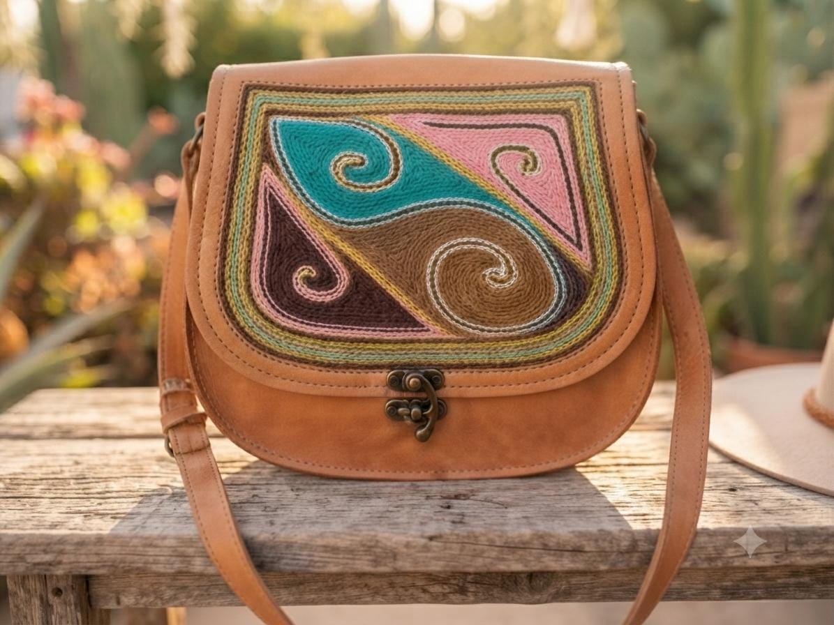 Boho Embroidered Leather Bag, Handmade Crossbody Saddle Bag, Festival Hippie Purse, Vintage Leather Shoulder Tote, Folk Embroidery Handbag