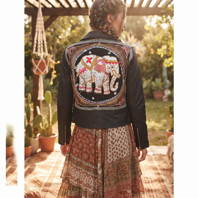 Full Grain Leather Biker Jacket with Elephant Embroidery, Motorcycle Racer Jacket, Festival Outfit