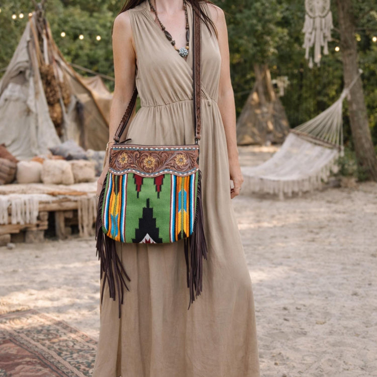 Tooled Sunflower Leather Fringe Purse: Western Aztec Blanket Bag