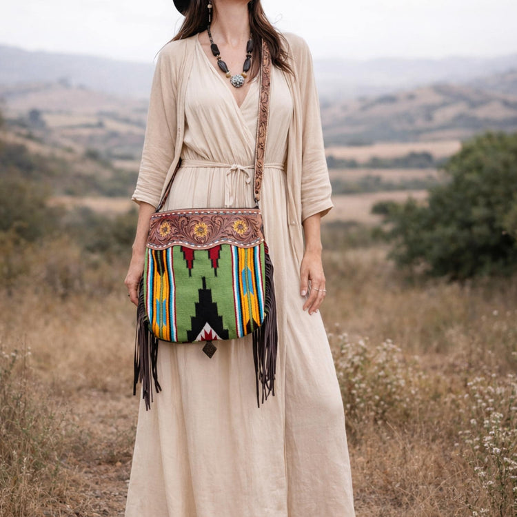 Tooled Sunflower Leather Fringe Purse: Western Aztec Blanket Bag