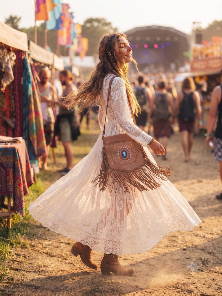 Large Boho Leather Fringe Bag, Brown Leather Crossbody Bag, Labradorite Gemstone Purse, Western Hippie Festival Shoulder Bag, Gift for Her