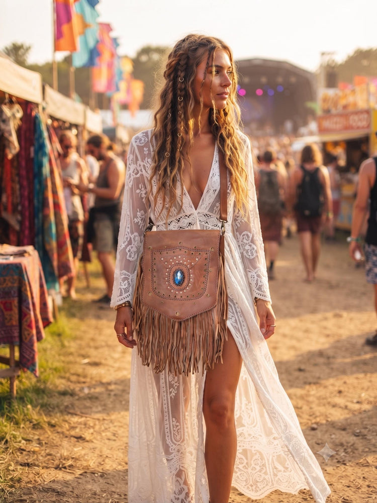 Large Boho Leather Fringe Bag, Brown Leather Crossbody Bag, Labradorite Gemstone Purse, Western Hippie Festival Shoulder Bag, Gift for Her