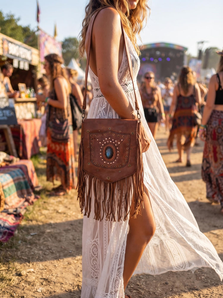 Large Boho Leather Fringe Bag, Brown Leather Crossbody Bag, Labradorite Gemstone Purse, Western Hippie Festival Shoulder Bag, Gift for Her