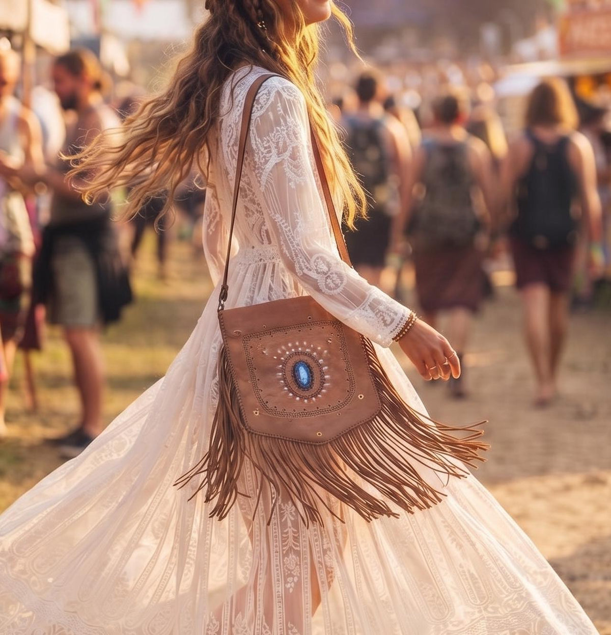 Large Boho Leather Fringe Bag, Brown Leather Crossbody Bag, Labradorite Gemstone Purse, Western Hippie Festival Shoulder Bag, Gift for Her