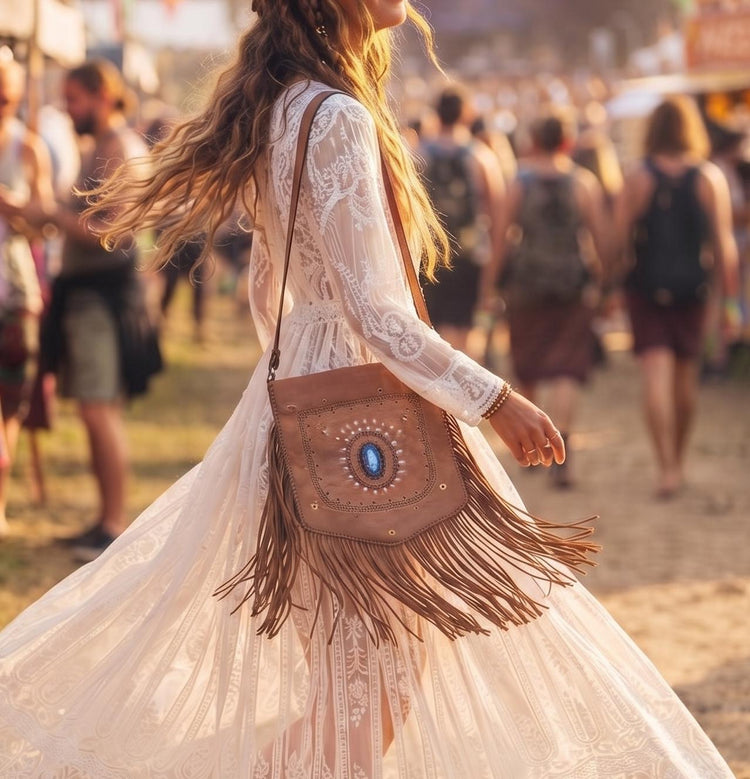 Large Boho Leather Fringe Bag, Brown Leather Crossbody Bag, Labradorite Gemstone Purse, Western Hippie Festival Shoulder Bag, Gift for Her