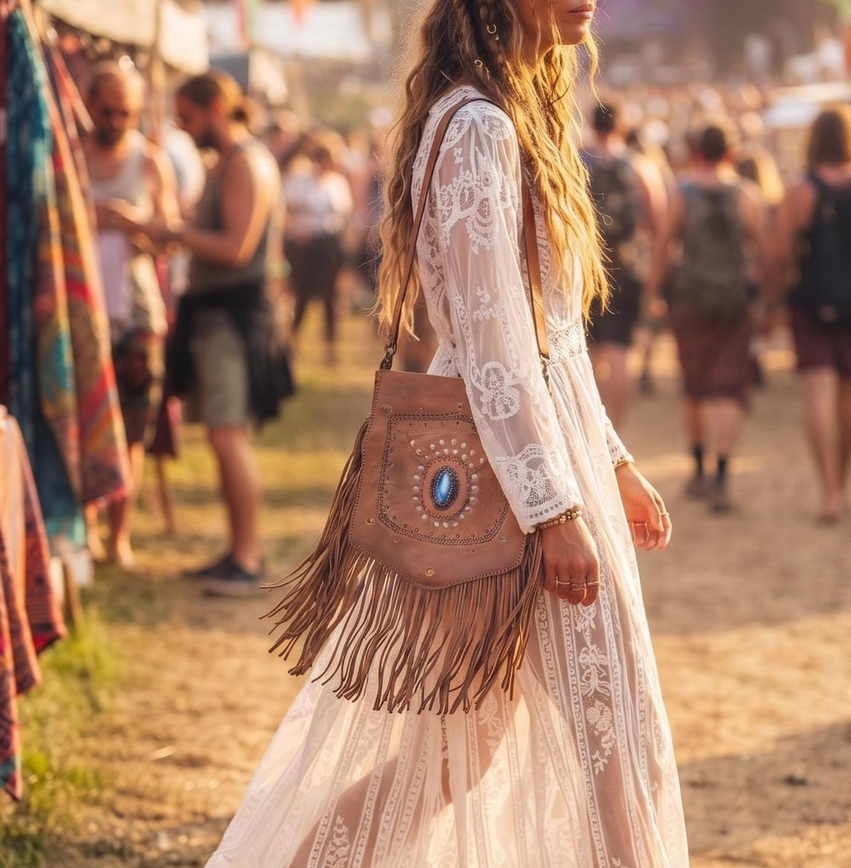 Large Boho Leather Fringe Bag, Brown Leather Crossbody Bag, Labradorite Gemstone Purse, Western Hippie Festival Shoulder Bag, Gift for Her