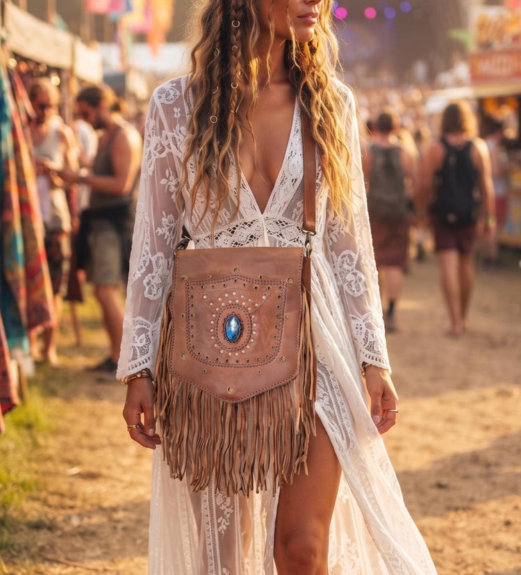 Large Boho Leather Fringe Bag, Brown Leather Crossbody Bag, Labradorite Gemstone Purse, Western Hippie Festival Shoulder Bag, Gift for Her