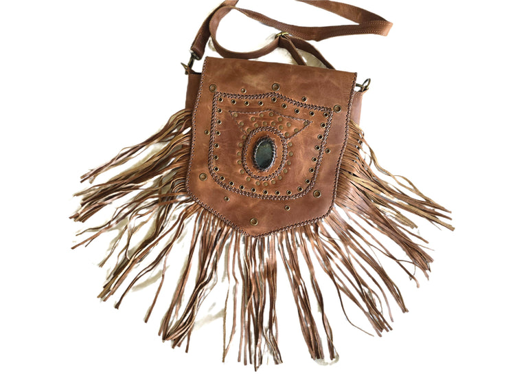 Large Boho Leather Fringe Bag, Brown Leather Crossbody Bag, Labradorite Gemstone Purse, Western Hippie Festival Shoulder Bag, Gift for Her