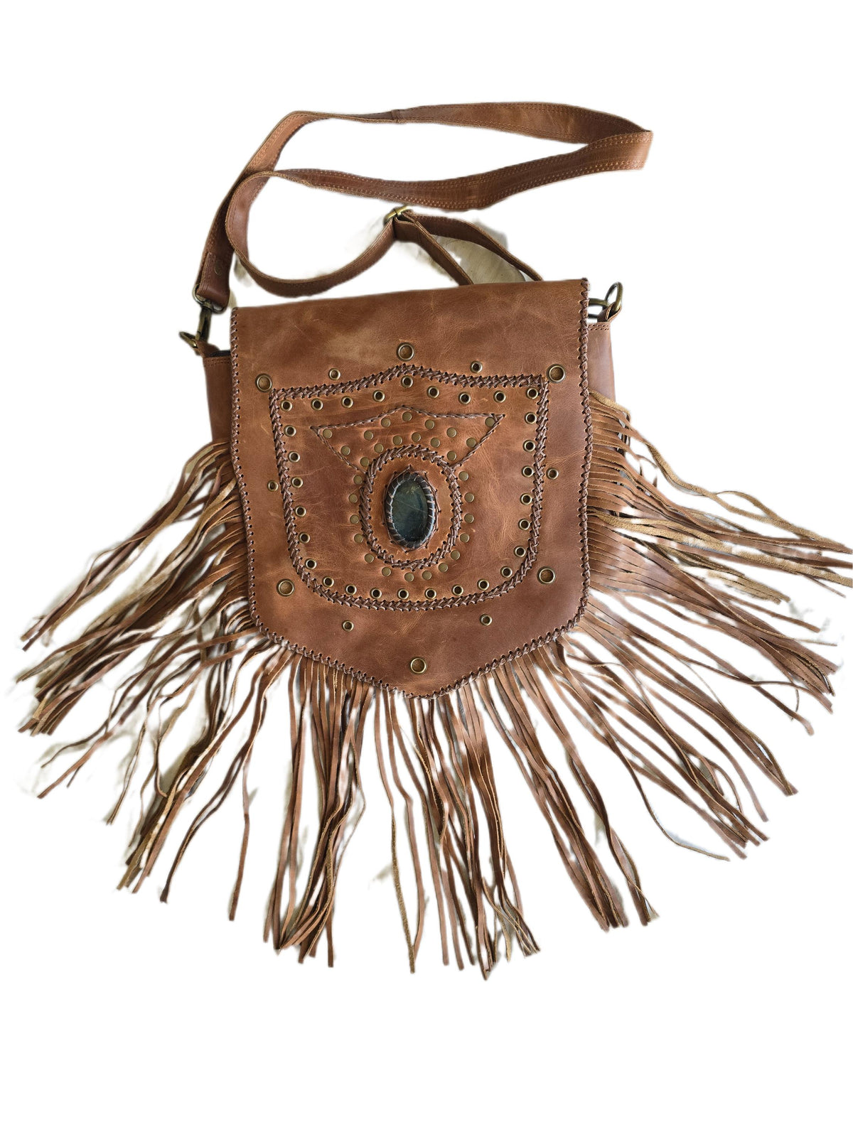 Large Boho Leather Fringe Bag, Brown Leather Crossbody Bag, Labradorite Gemstone Purse, Western Hippie Festival Shoulder Bag, Gift for Her