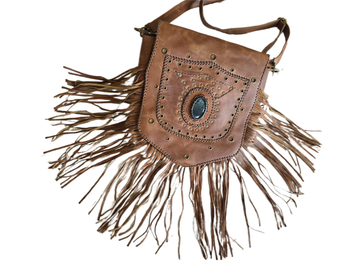 Large Boho Leather Fringe Bag, Brown Leather Crossbody Bag, Labradorite Gemstone Purse, Western Hippie Festival Shoulder Bag, Gift for Her