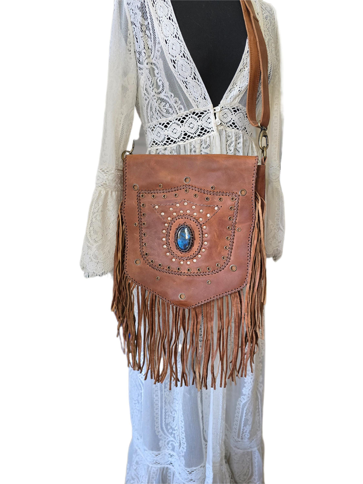Large Boho Leather Fringe Bag, Brown Leather Crossbody Bag, Labradorite Gemstone Purse, Western Hippie Festival Shoulder Bag, Gift for Her
