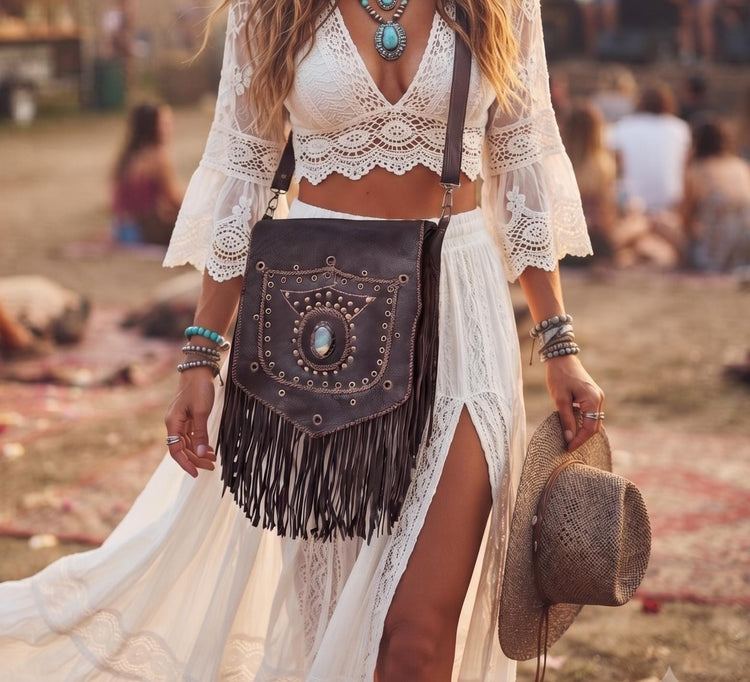 Large Boho Leather Fringe Bag, Brown Leather Crossbody Bag, Labradorite Gemstone Purse, Western Hippie Festival Shoulder Bag, Gift for Her