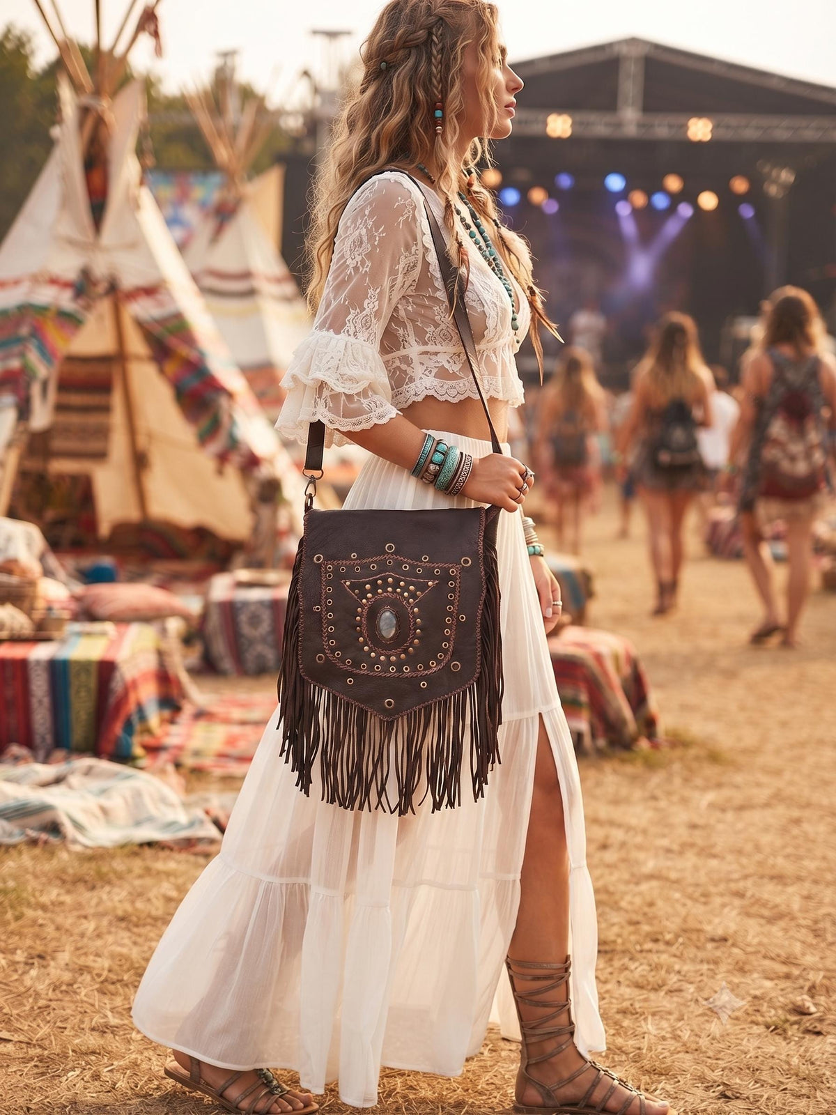 Large Boho Leather Fringe Bag, Brown Leather Crossbody Bag, Labradorite Gemstone Purse, Western Hippie Festival Shoulder Bag, Gift for Her