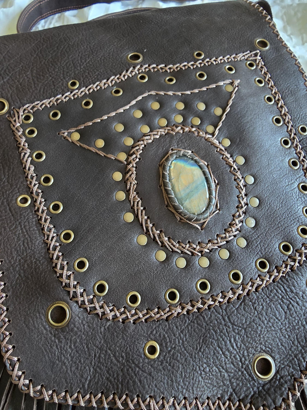 Large Boho Leather Fringe Bag, Brown Leather Crossbody Bag, Labradorite Gemstone Purse, Western Hippie Festival Shoulder Bag, Gift for Her