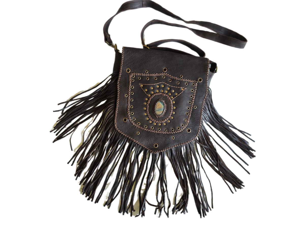 Large Boho Leather Fringe Bag, Brown Leather Crossbody Bag, Labradorite Gemstone Purse, Western Hippie Festival Shoulder Bag, Gift for Her
