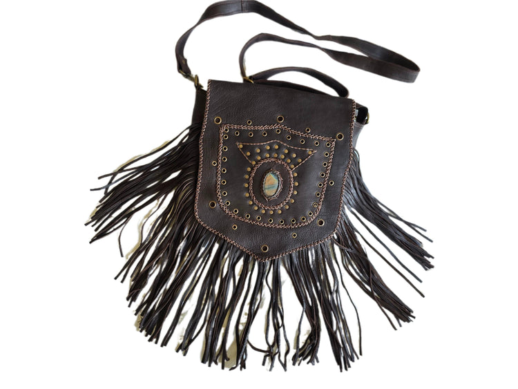 Large Boho Leather Fringe Bag, Brown Leather Crossbody Bag, Labradorite Gemstone Purse, Western Hippie Festival Shoulder Bag, Gift for Her