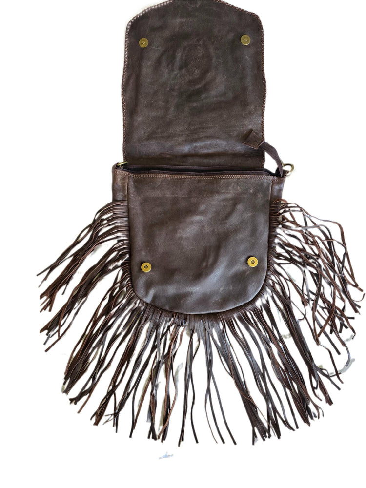 Large Boho Leather Fringe Bag, Brown Leather Crossbody Bag, Labradorite Gemstone Purse, Western Hippie Festival Shoulder Bag, Gift for Her