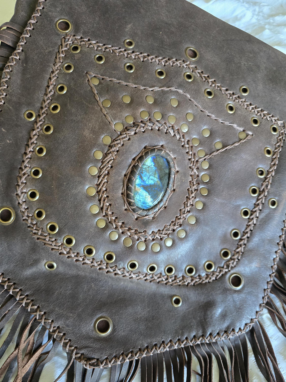 Large Boho Leather Fringe Bag, Brown Leather Crossbody Bag, Labradorite Gemstone Purse, Western Hippie Festival Shoulder Bag, Gift for Her