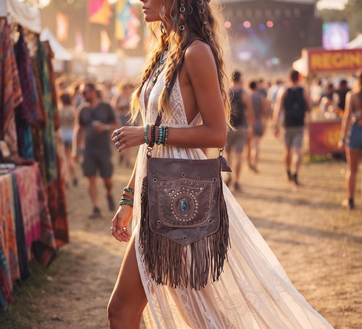 Large Boho Leather Fringe Bag, Brown Leather Crossbody Bag, Labradorite Gemstone Purse, Western Hippie Festival Shoulder Bag, Gift for Her