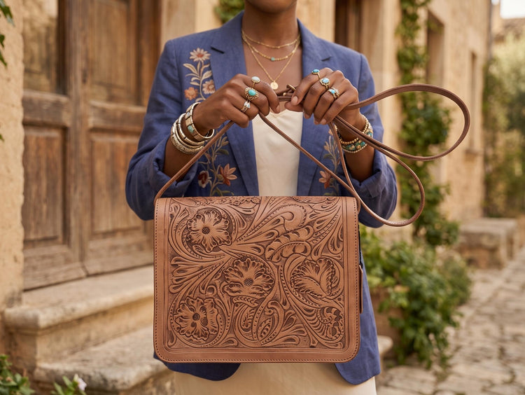 Tooled Leather Crossbody Bag with Floral Embossing – Handmade Western Boho Purse