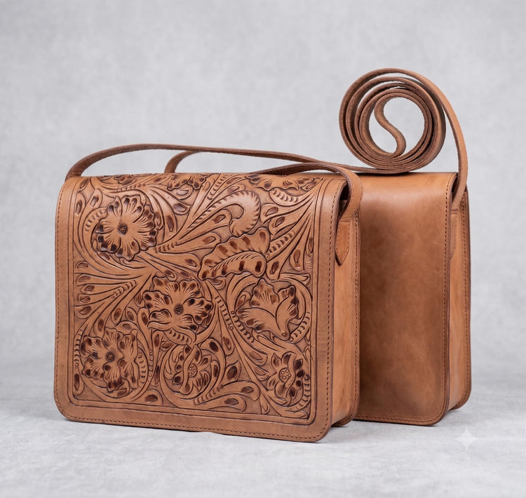 Tooled Leather Crossbody Bag with Floral Embossing – Handmade Western Boho Purse